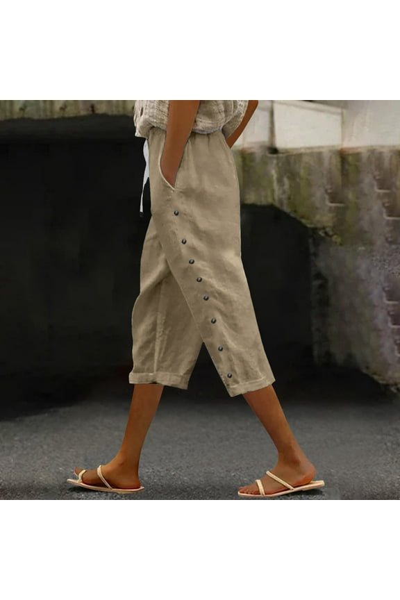 Capri Pants for Women Pull On Capris Casual Cotton Linen Lounge Pants Lightweight Elastic Waist Trousers Summer Beach Cropped Pants with Pockets