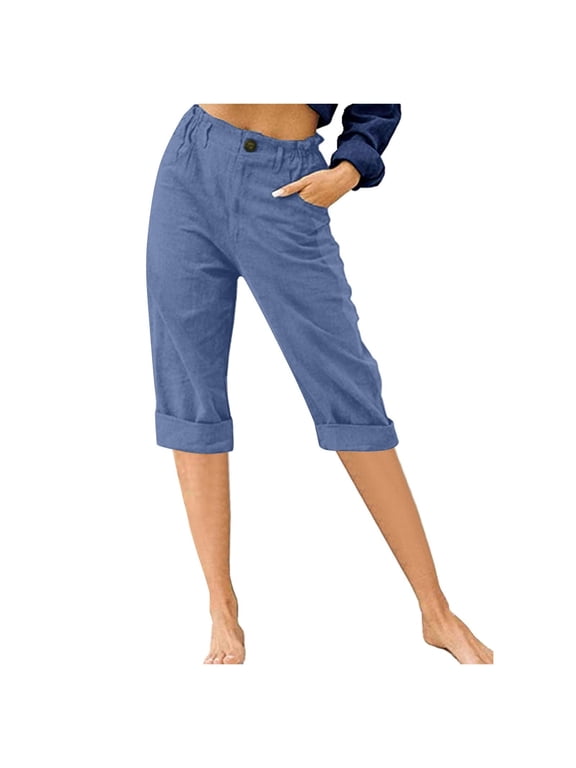Capri Pants for Women Petite Cotton Linen Capris Button High Waist Cropped Trousers Knee Length Lounge Pants with Pockets