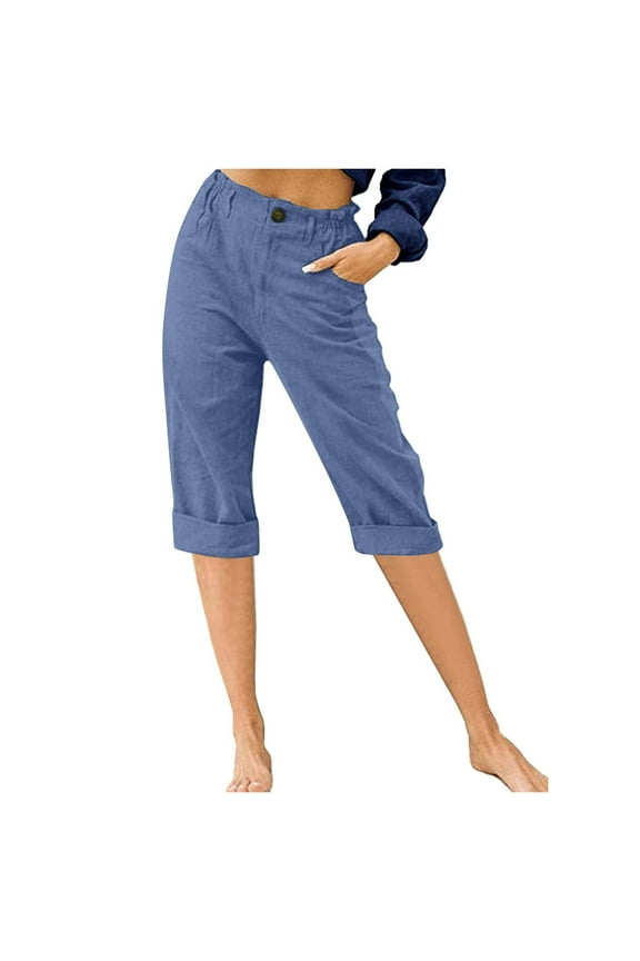 Capri Pants for Women Petite Cotton Linen Capris Button High Waist Cropped Trousers Knee Length Lounge Pants with Pockets