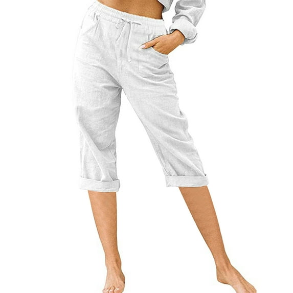 Aboser Capris for Women Summer Cotton Linen Lounge Pants Casual High Waisted Capris Loose Knee Length Cropped Trousers