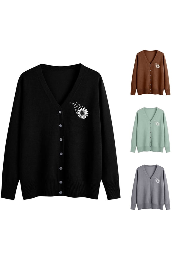 Cardigan Sweaters for Women Long Sleeve Button Down Cardigans Retro Daisy Print Sweater Coat Lightweight Cozy V Neck Outerwear