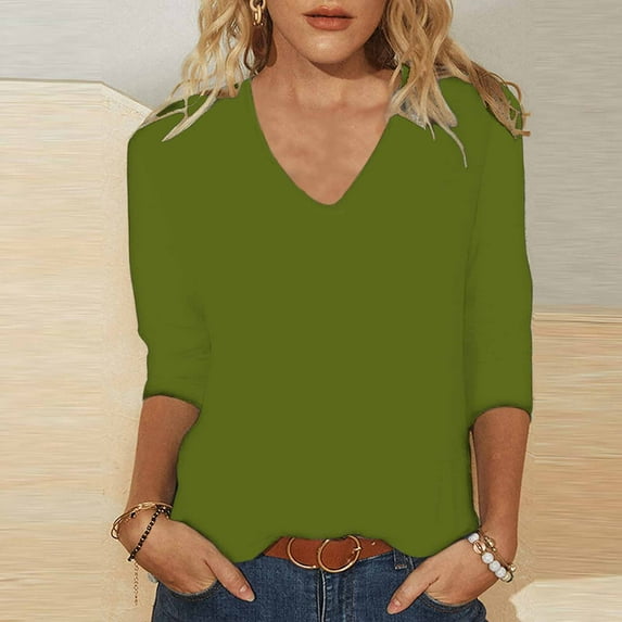 Aboser Casual Tops for Women Solid Color Basic Tees 3/4 Length Sleeve T-Shirt Comfy Loose Fit Pullover Shirt Spring Summer Blouse