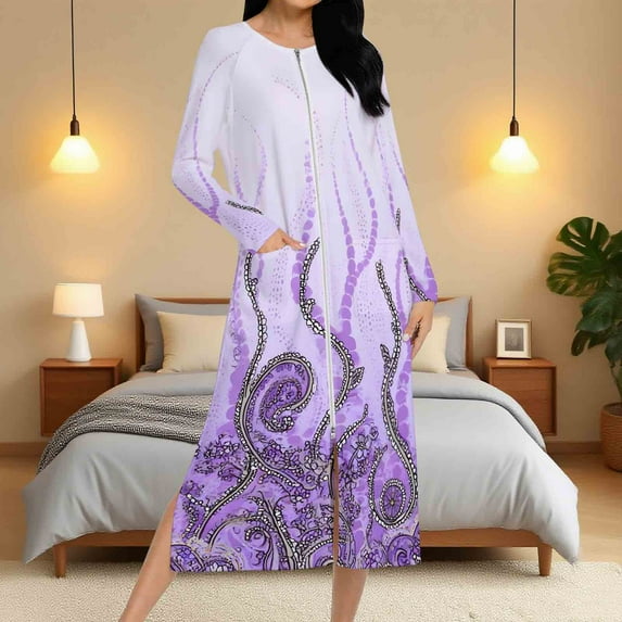 Aboser Casual Zipper Front Robes for Women Vintage Print Long Sleeve Housecoat Soft Zip Up Nightgown Loose Fit Long Loungewear Bathrobe with Pockets