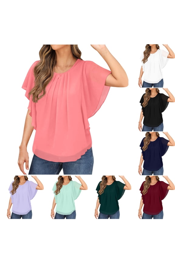 Chiffon Blouses for Women Elegant Batwing Short Sleeve Shirts Flowy Double Layered T Shirt Casual Pleated Front Tunic Tops Lightweight Crewneck Blouse Black M