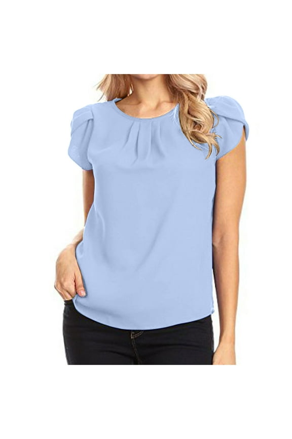 Chiffon Blouses for Women Elegant Batwing Short Sleeve Shirts Flowy Double Layered T Shirt Casual Pleated Front Tunic Tops Lightweight Crewneck Blouse Blue XL