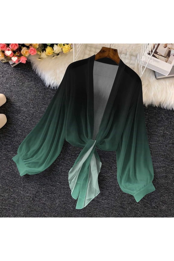 Chiffon Cardigan for Women Dressy Long Sleeve Open Front Beach Cover Ups Tie Front Kimono Cardigans Trendy Tie Front Cropped Tops Elegant Lightweight Mesh Blouses