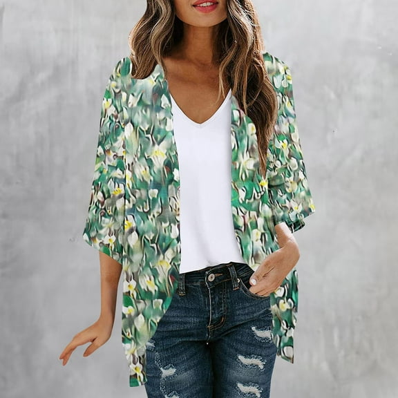 Aboser Chiffon Kimono Cardigan for Women 3/4 Sleeve Lightweight Summer Cardigans Cute Floral Print Cover Up Loose Beach Blouse Tops 2026 Green L