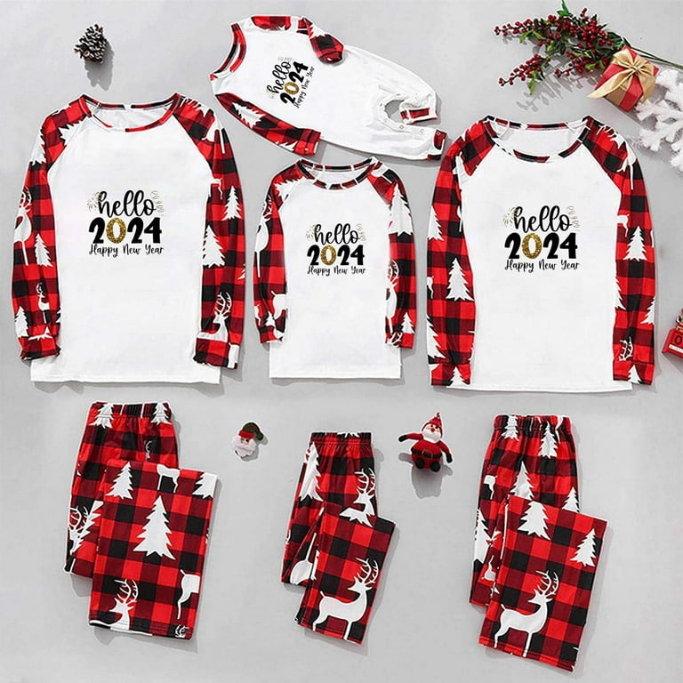 Aboser Christmas Family Pajamas Matching Sets Hello 2024 Holiday Party Home  Wear Fashion Plaid 2-piece Family Pajama Set Funny Family Matching Pjs