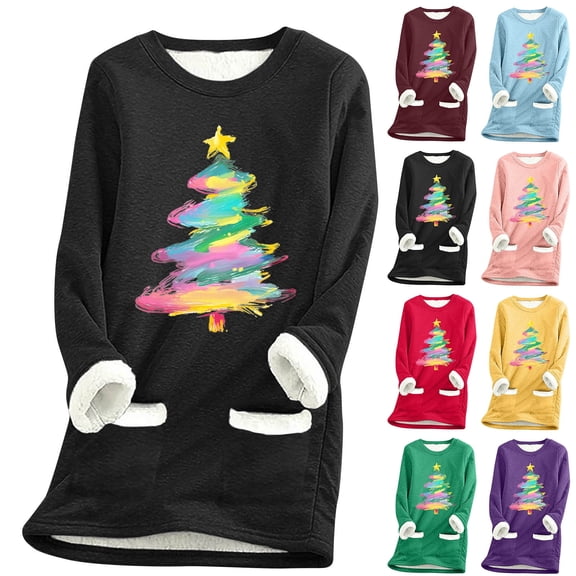 Aboser Christmas Fleece Lined Sweatshirt for Women Thicken Plush Loungewear Funny Xmas Tree Printed Shirts Warm Sherpa Long Sweatshirts Loose Long Sleeve Pullover Tops with Pockets