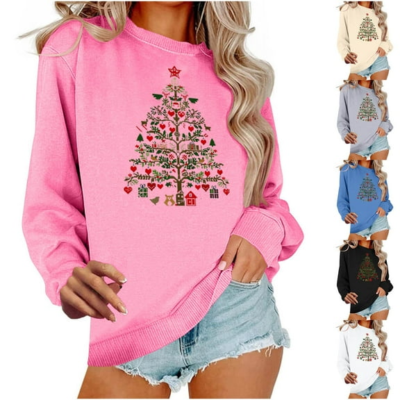 Aboser Christmas Graphic Sweatshirt Women Gift Tree Print Shirts Cozy Fleece Long Sleeve Sweatshirts Soft Holiday Pullover Winter Tops Black L