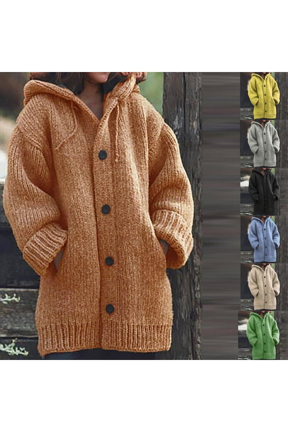 Chunky Cable Knit Cardigan Sweaters for Women Button Down Sweater Coats Winter Thermal Hooded Cardigans Loose Long Sleeve Outerwear with Pockets