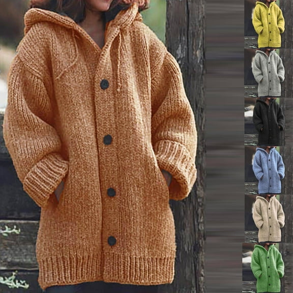 Aboser Chunky Cable Knit Cardigan Sweaters for Women Button Down Sweater Coats Winter Thermal Hooded Cardigans Loose Long Sleeve Outerwear with Pockets