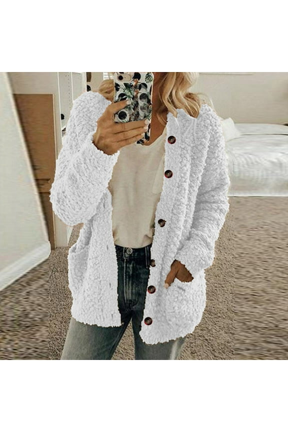 Chunky Fleece Cardigan Sweaters for Women Fall Clothes Winter Cable Knitted Coat Long Sleeve Button Down Cardigan Casual Plush Sweater Jackets White XXL