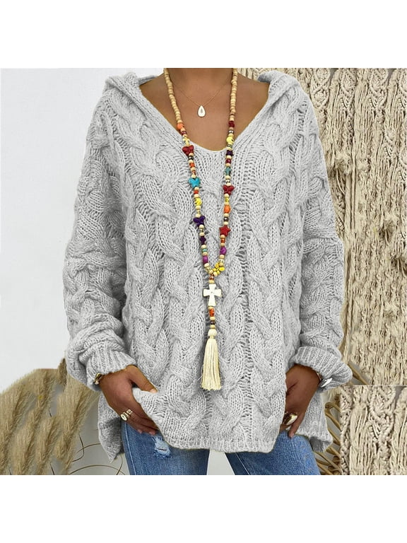 Chunky Knit Sweater Womens Oversized V Neck Hooded Sweaters Solid Color Cable Knitted Pullover Casual Loose Fit Jumper