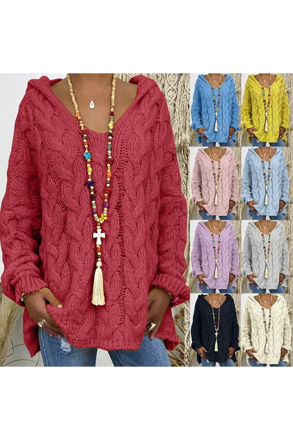 Chunky Knit Sweaters for Women with Hood Vintage Boho Fisherman Pullover Tops Oversized Long Sleeve Tunic Sweater Loose Casual V Neck Hoodie Knitwear White S