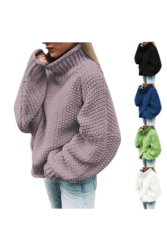 Chunky Knit Sweaters for Women Oversized Turtleneck Pullover Knitwear Thermal Long Batwing Sleeve Sweater Tops Loose Comfy Jumpers Fall Winter Clothes Purple L