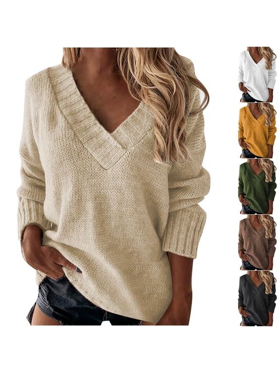 Chunky Sweaters for Women Comfy V Neck Pullover Tops Warm Casual Long Sleeve Sweater Solid Color Jumper Tops Fall Winter Blouses Dark Gray M