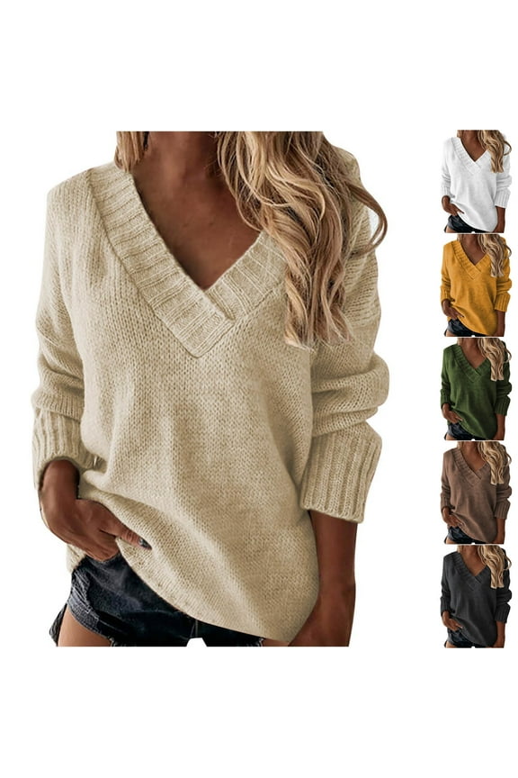 Chunky Sweaters for Women Comfy V Neck Pullover Tops Warm Casual Long Sleeve Sweater Solid Color Jumper Tops Fall Winter Blouses Dark Gray M