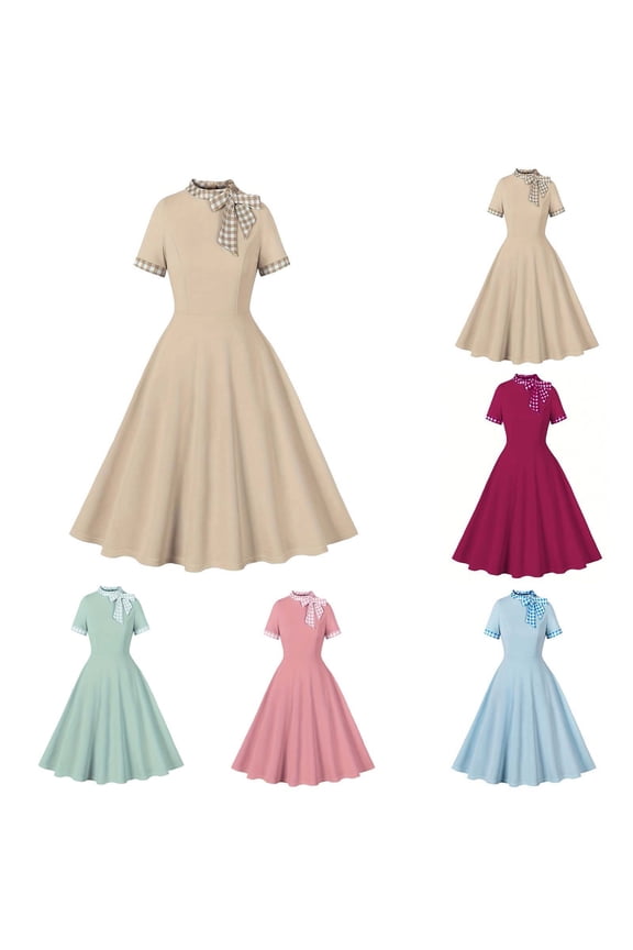 Cocktail Dresses for Women 1950s Retro Dress Elegant Bow Tie Midi Dresses Classy Short Sleeve Party Dress Flowy A Line Swing Dresses