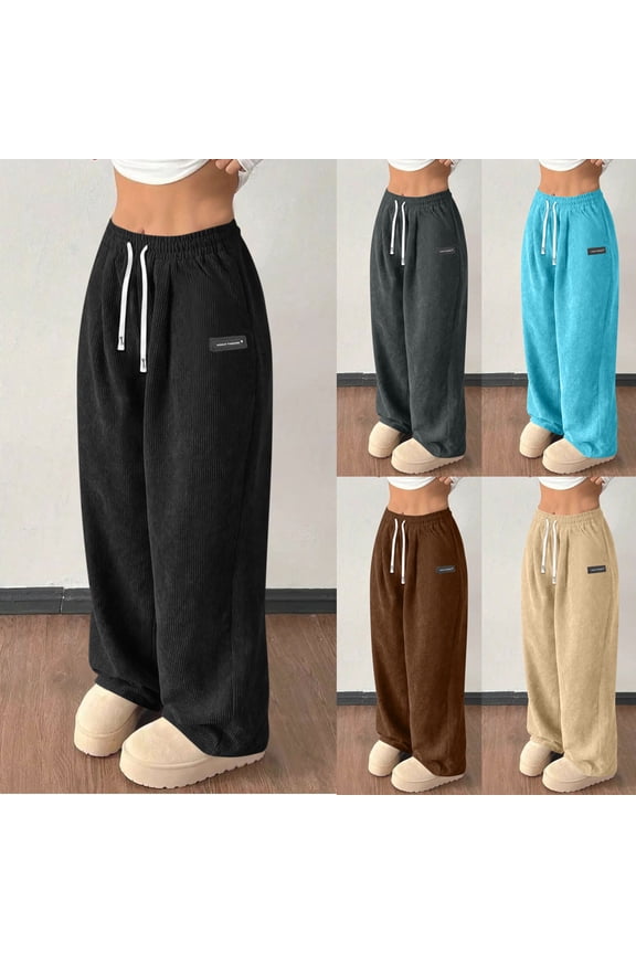 Corduroy Lounge Pants for Women Wide Leg Long Pants Drawstring Elastic High Waisted Trousers Loose Fit Open Buttom Pants with Pockets Sky Blue XL