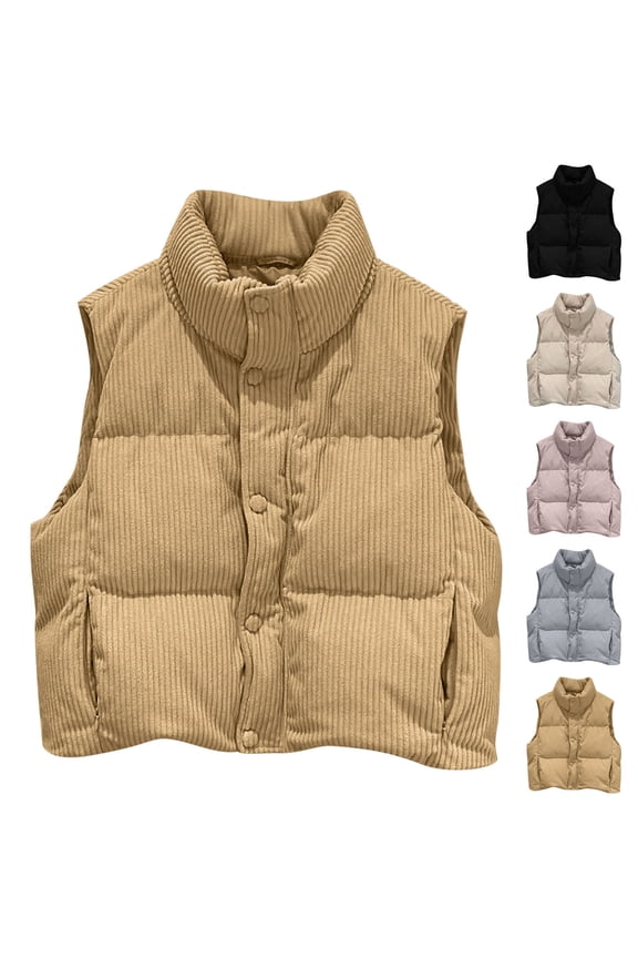 Corduroy Puffer Vests for Women Trendy Stand Collar Quilted Jacket Winter Thermal Sleeveless Padded Vest Jackets Oversized Bubble Outwear Coat with Pockets
