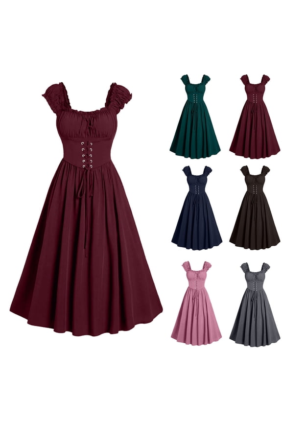 Corset Dresses for Women Vintage Peasant Dress Flowy Sleeveless Maxi Dresses Casual Square Neck Chemise Dress