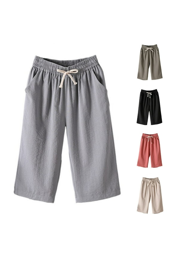 Cotton Capris for Women Plus Size Knee Length Capri Pants Loose Wide Leg Cropped Pants High Waisted Drawstring Trousers Summer Casual Lounge Capris with Pockets
