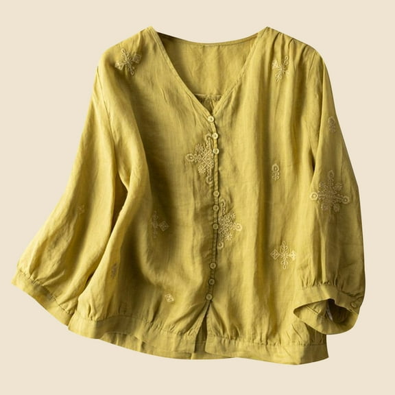 Aboser Cotton Linen Blouses for Women Fashion Embroidered Tunic Tops Dressy Button Down Shirts Loose Fitted Long Sleeve Blouse Lightweight V Neck Tshirts Fall Clothes