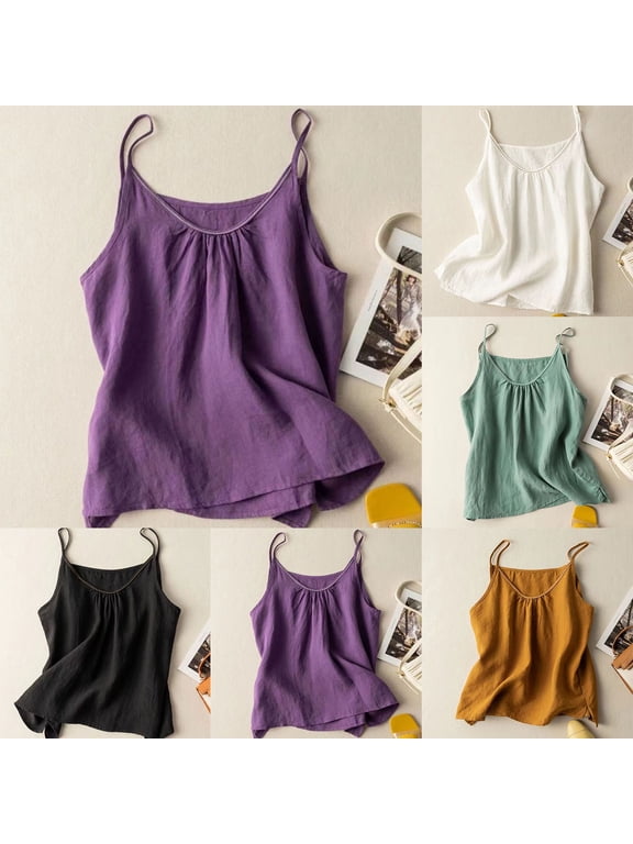 Cotton Linen Cami Tops for Women Sleepwear Summer Sleeveless Camisole Pajamas Top Soft Spaghetti Strap Sleep Shirt Casual Loose Fitted Undershirts