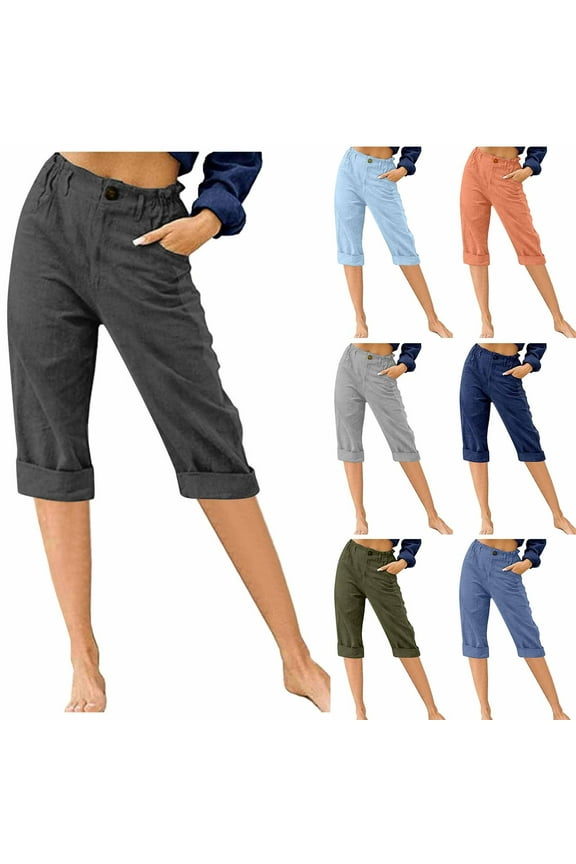 Cotton Linen Capri Pants for Women Dressy Casual Knee Length Pants Breathable Elastic High Waist Cropped Trousers Loose Straight Leg Beach Pants with Pockets