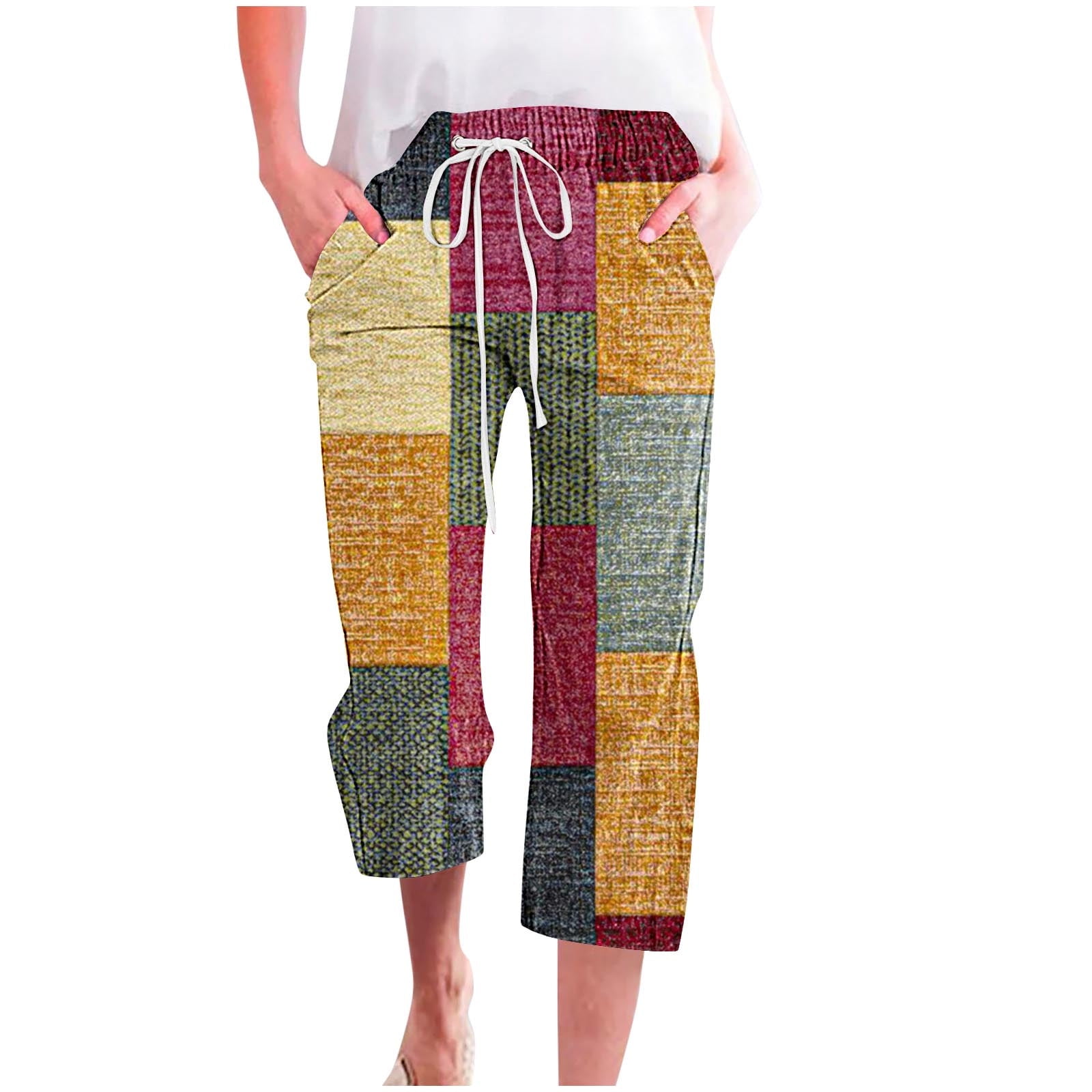 Aboser Cotton Linen Capris for Women Summer Trendy Color Block Cropped ...