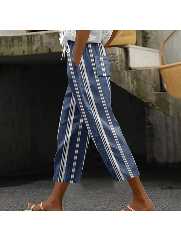 Cotton Linen Cropped Pants for Women Plus Size High Waist Beach Pants Trendy Striped Print Palazzo Trousers Drawstring Loose Fits Capris with Pockets