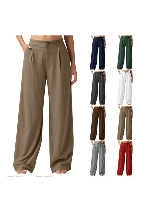 Cotton Linen Dress Pants for Women Business Casual Office Slacks Loose Fit Wide Leg Trousers Lightweight High Waist Work Pants with Pockets Brown L