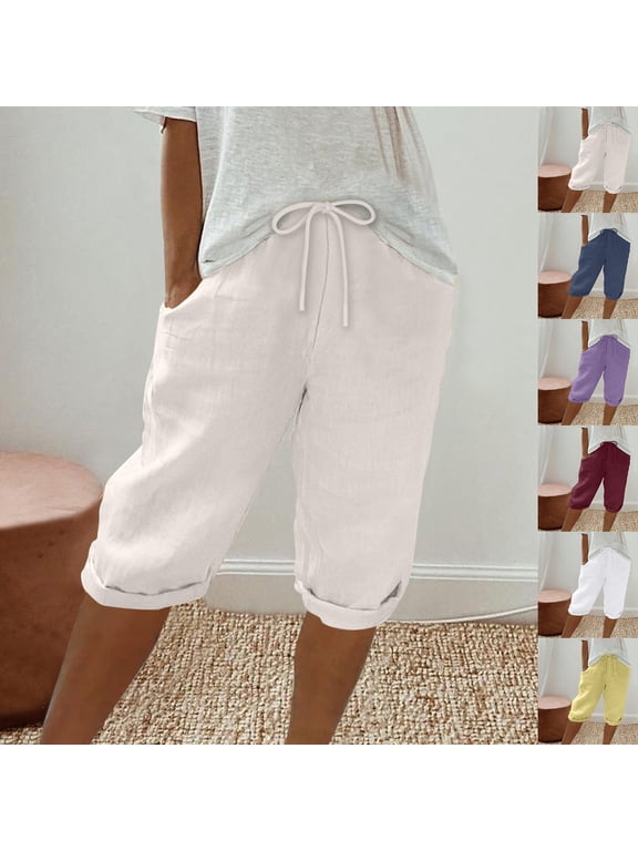 Cotton Linen Long Shorts for Women Trendy Cuffed Hem Shorts Drawstring Elastic Waist Lounge Shorts Casual Straight Leg Pants with Pockets
