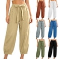thumbnail image 1 of Aboser Cotton Linen Pants for Women Casual Straight Leg Lounge Pants Lightweight Drawstring High Waisted Trousers Loose Fit Plain Pants with Pockets, 1 of 7
