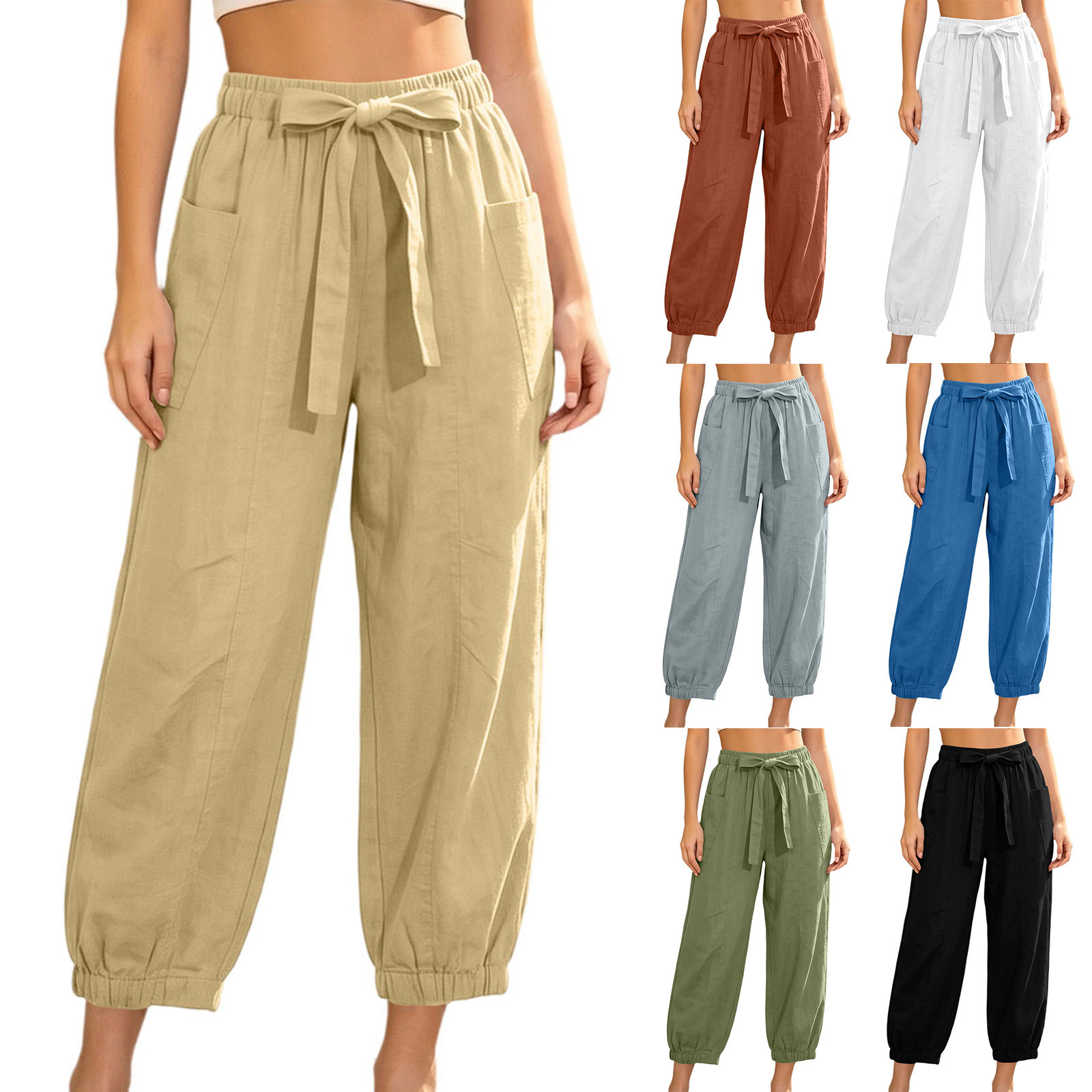 Aboser Cotton Linen Pants for Women Casual Straight Leg Lounge Pants Lightweight Drawstring High Waisted Trousers Loose Fit Plain Pants with Pockets
