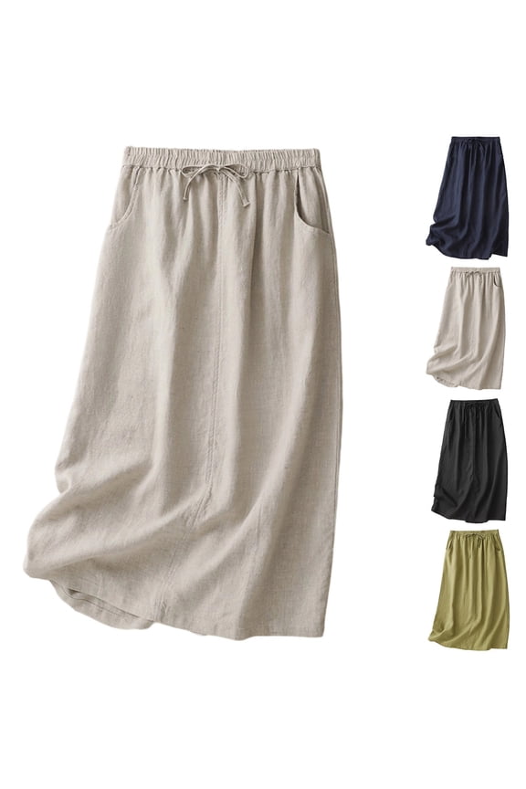 Cotton Linen Skirts for Women Summer Casual Midi Length Skirt Lightweight Elastic Waisted Skirts Flowy A Line Beach Skirt with Pockets