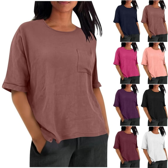 Aboser Cotton Linen Tops for Women Basic Short Sleeve T-Shirts Solid Color Crewneck Tees Loose Fit Plain Tshirts Lightweight Soft Blouses with Pocket Pink XL