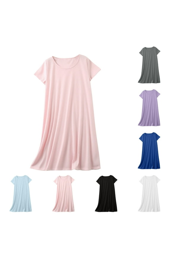 Cotton Nightgowns for Women Cozy Short Sleeve Loungewear Solid Color Short Sleepdress Loose Fit Crewneck Nightshirt Casual House Sleepwear
