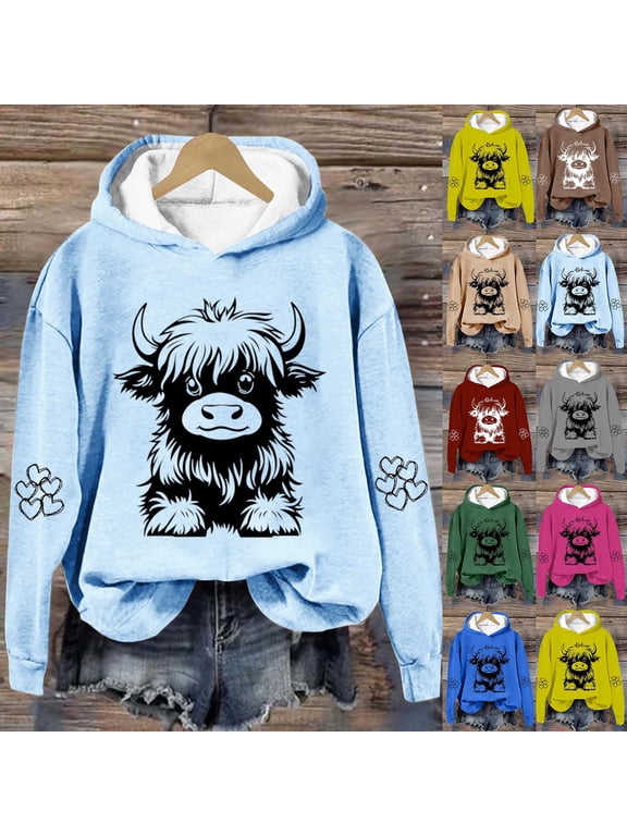 Cowgirl Hoodies for Women Retro Highland Cow Graphic Sweatshirts Cute Long Sleeve Tops Comfy Soft Drop Shoulder Pullover Hoodie
