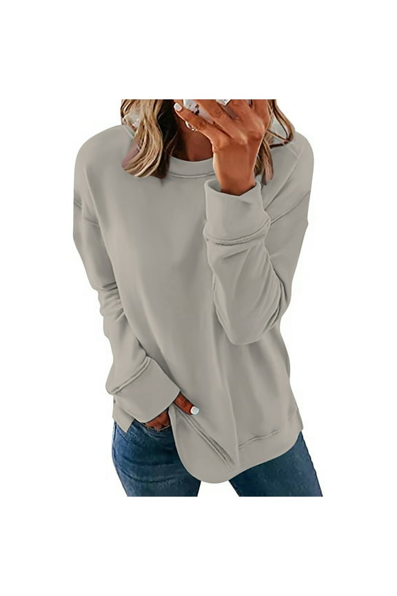 Crewneck Sweatshirts Women Comfort Colors Fall Tops Casual Side Slit Pullover Solid Long Sleeve T Shirt Lightweight Loose Fit Shirts