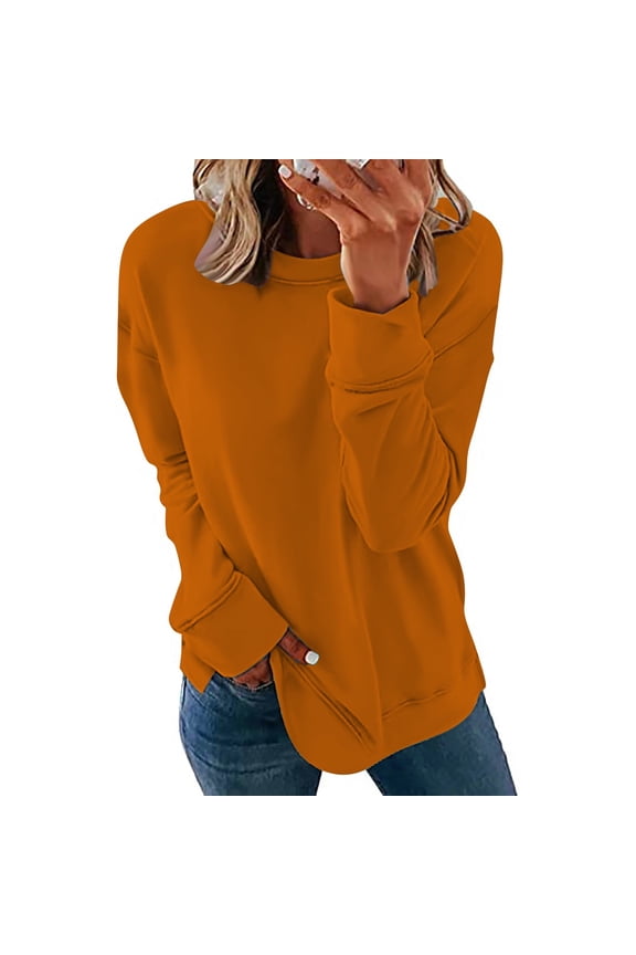 Crewneck Sweatshirts Women Comfort Fall Tops Casual Side Slit Pullover Solid Long Sleeve T Shirt Lightweight Loose Fit Shirts