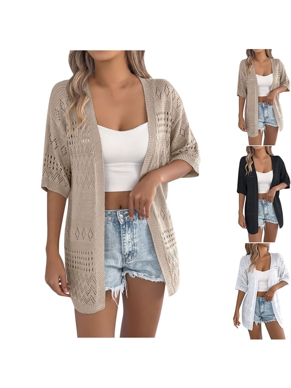 Crochet Cardigan for Women Lightweight Elbow Sleeve Kimono Cardigans Oversized Open Front Cover Ups Boho Hollow Out Kimonos Cozy Casual Knitted Cardigan