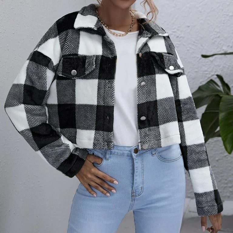 Aboser Cropped Plaid Shackets for Women Trendy Lapel Tartan Jacket Loose Button Down Coat Winter Fuzzy Fleece Jackets Warm Crop Cardigan