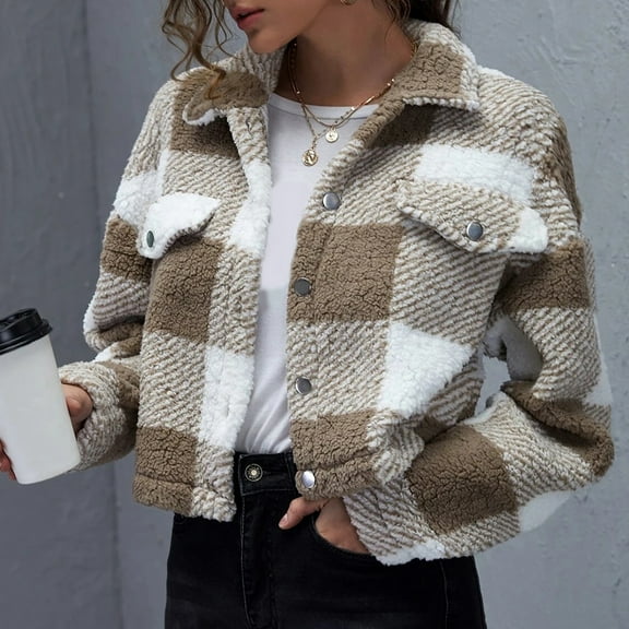 Aboser Cropped Plaid Shackets for Women Trendy Lapel Tartan Jacket Loose Button Down Coat Winter Fuzzy Fleece Jackets Warm Crop Cardigan