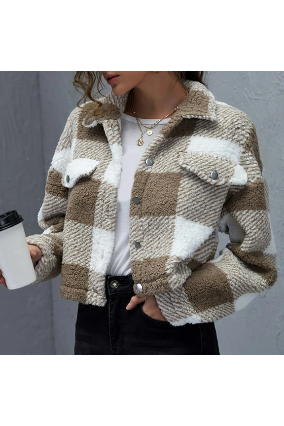 Cropped Plaid Shackets for Women Trendy Lapel Tartan Jacket Loose Button Down Coat Winter Fuzzy Fleece Jackets Warm Crop Cardigan
