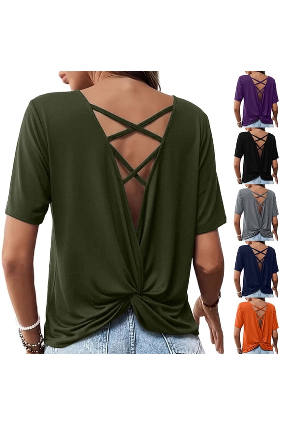 Crossover Backless Tops for Women Short Sleeve Workout Shirt Summer Gym Exercise Yoga Running Shirts Breathable Soft Basic Tees