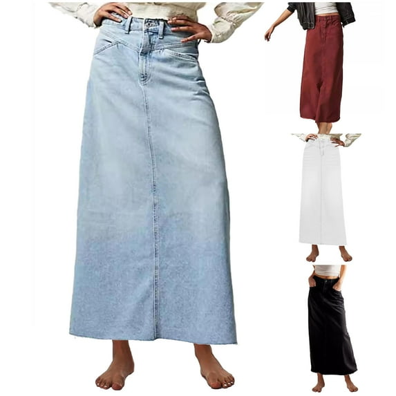 Aboser Denim Skirts for Women Full Length Jean Skirt Vintage High Waisted Streetwear Pull On Maxi Skirts A Line Frayed Hem Skirt
