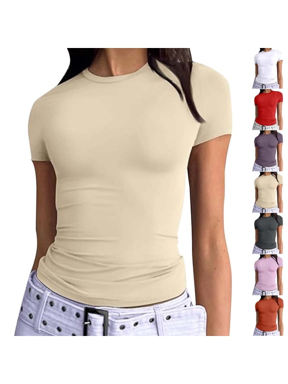 Double Lined Tops for Women Fitted Basic T Shirt Slimming Short Sleeve Layering Shirts Solid Color Crew Neck Tshirts Y2K Clothing Vestidos Verano Mujer