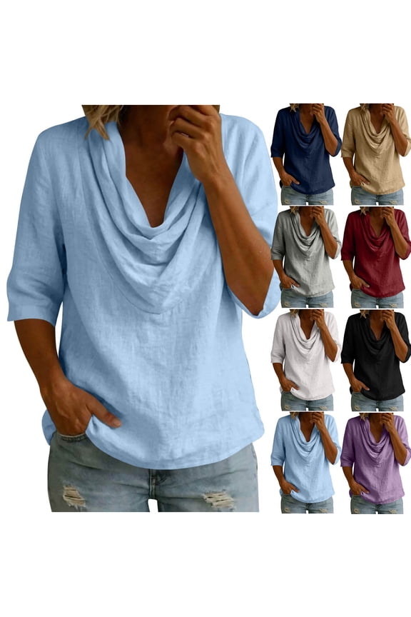 Draped Cowl Neck Shirts for Women Dressy 3/4 Length Sleeve Tops Cozy Cotton Linen Blouses Fall Casual Shirt Solid Color Going Out Top